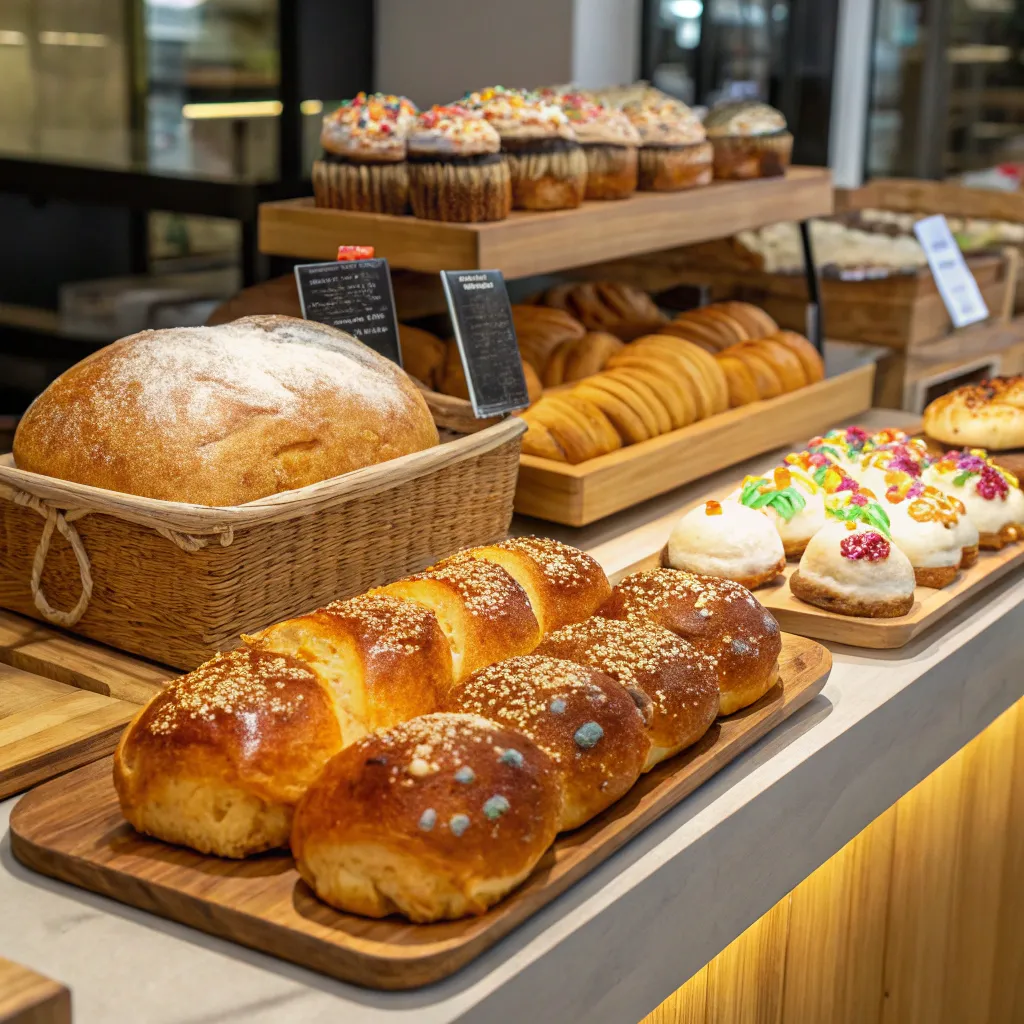 Display of freshly baked bread and pastries